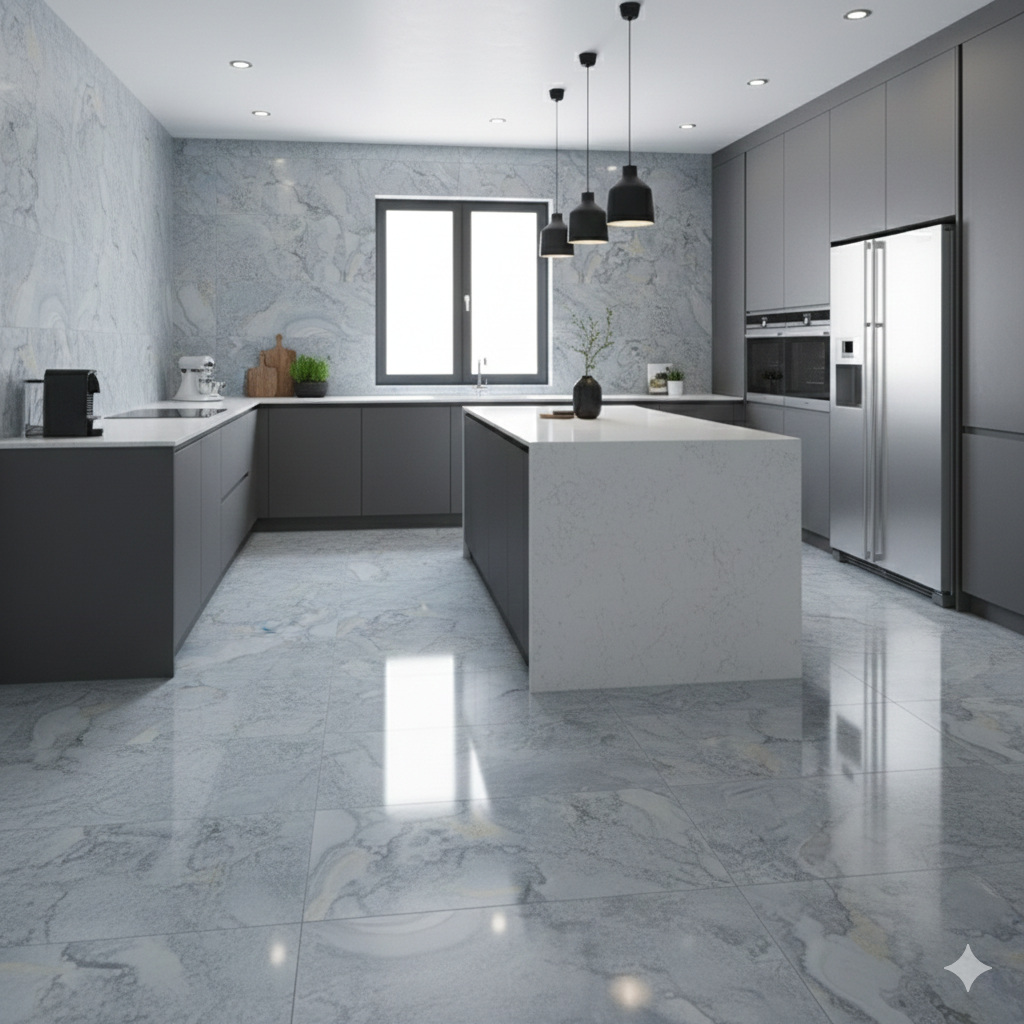 Luxury Polished Pearl Porcelain Wall And Floor Tiles with glossy surface and subtle marble veins.