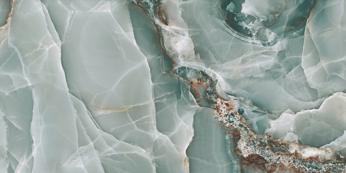 Marble effect porcelain wall and floor tiles in aqua blue-green tones with high gloss reflective surface
