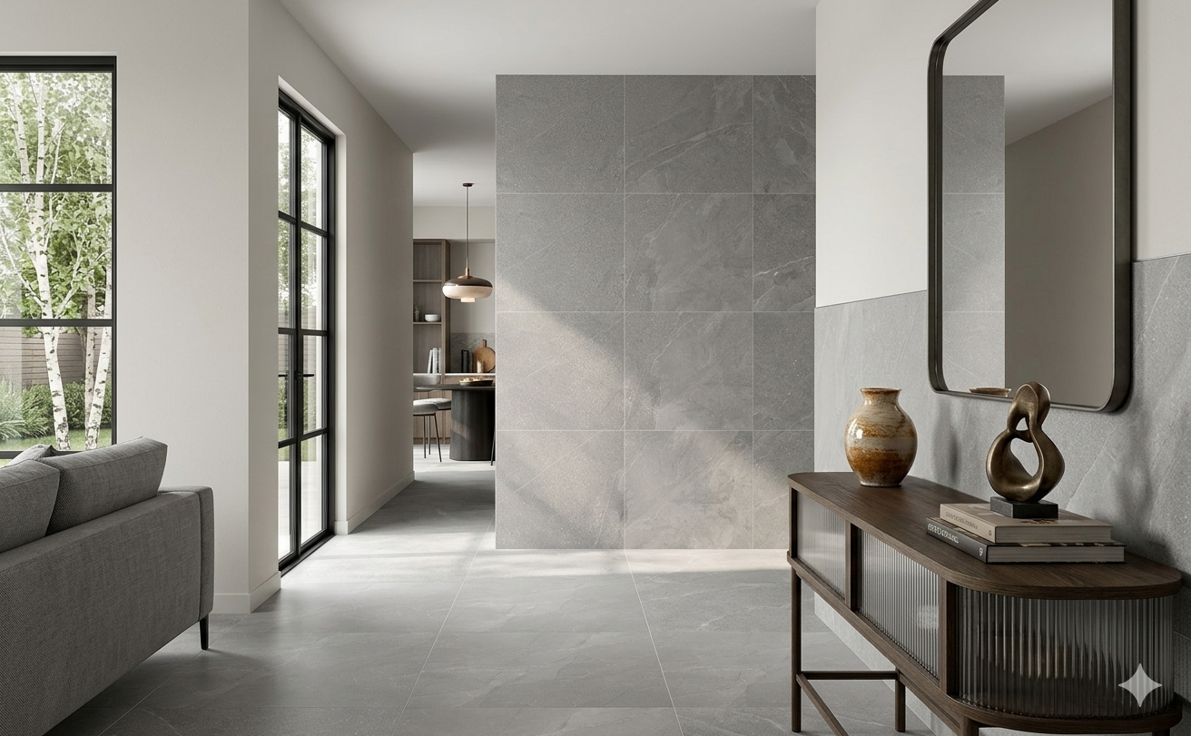 Matt grey stone effect porcelain wall and floor tiles offering a natural and contemporary look.