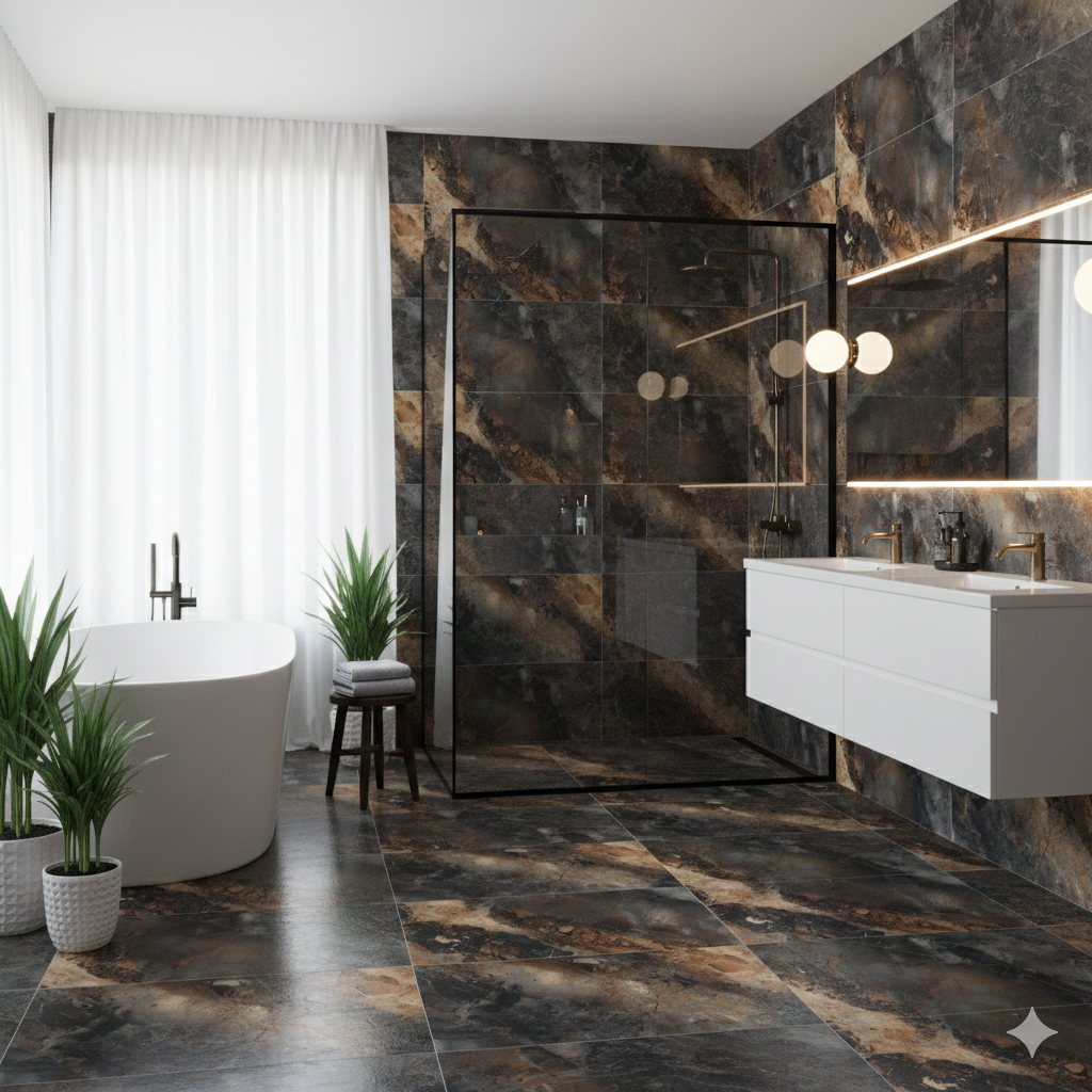 Matt marble effect Porcelain Wall And Floor Tiles in smoke grey with elegant gold veins.