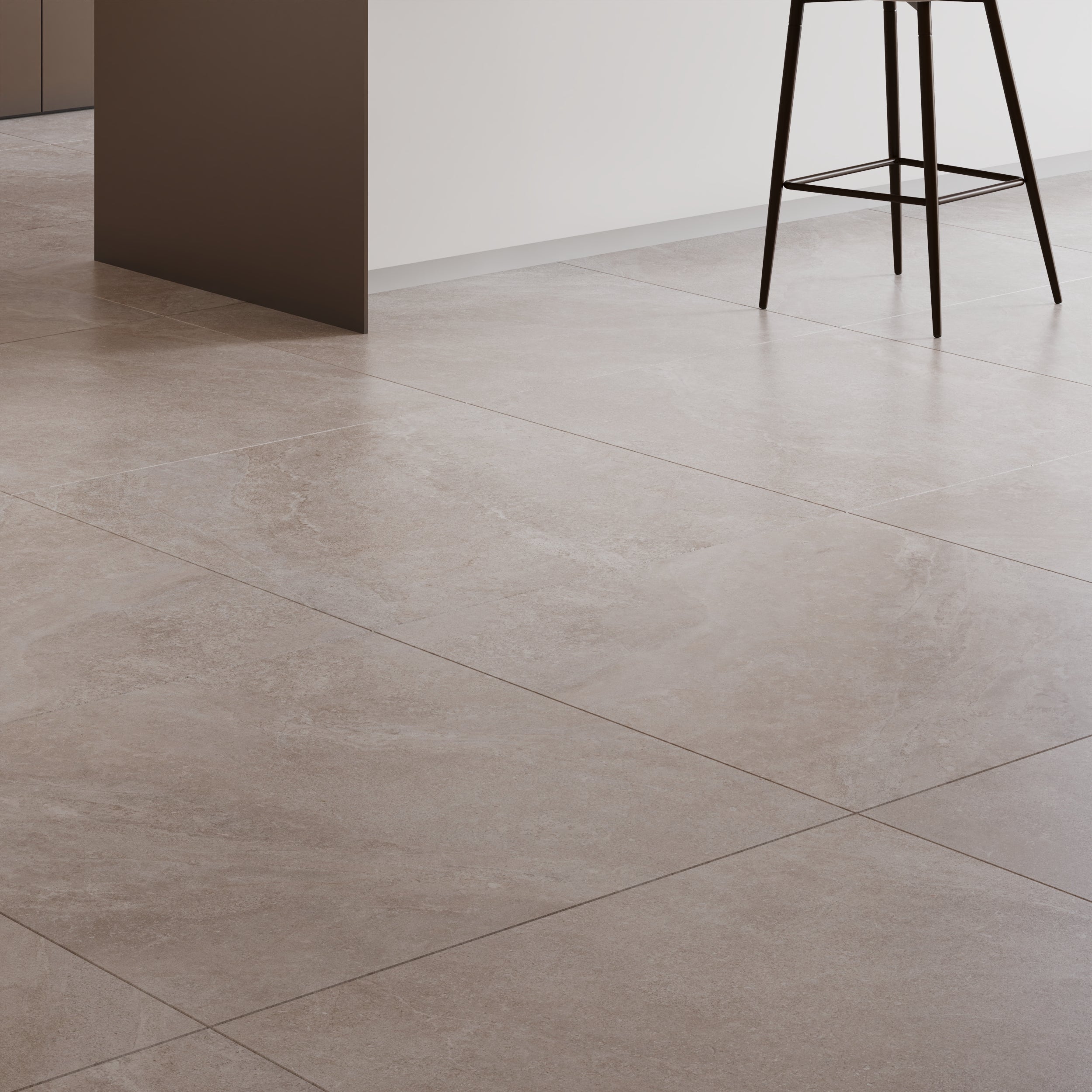 Matt stone effect porcelain wall and floor tiles in warm pearl tone.