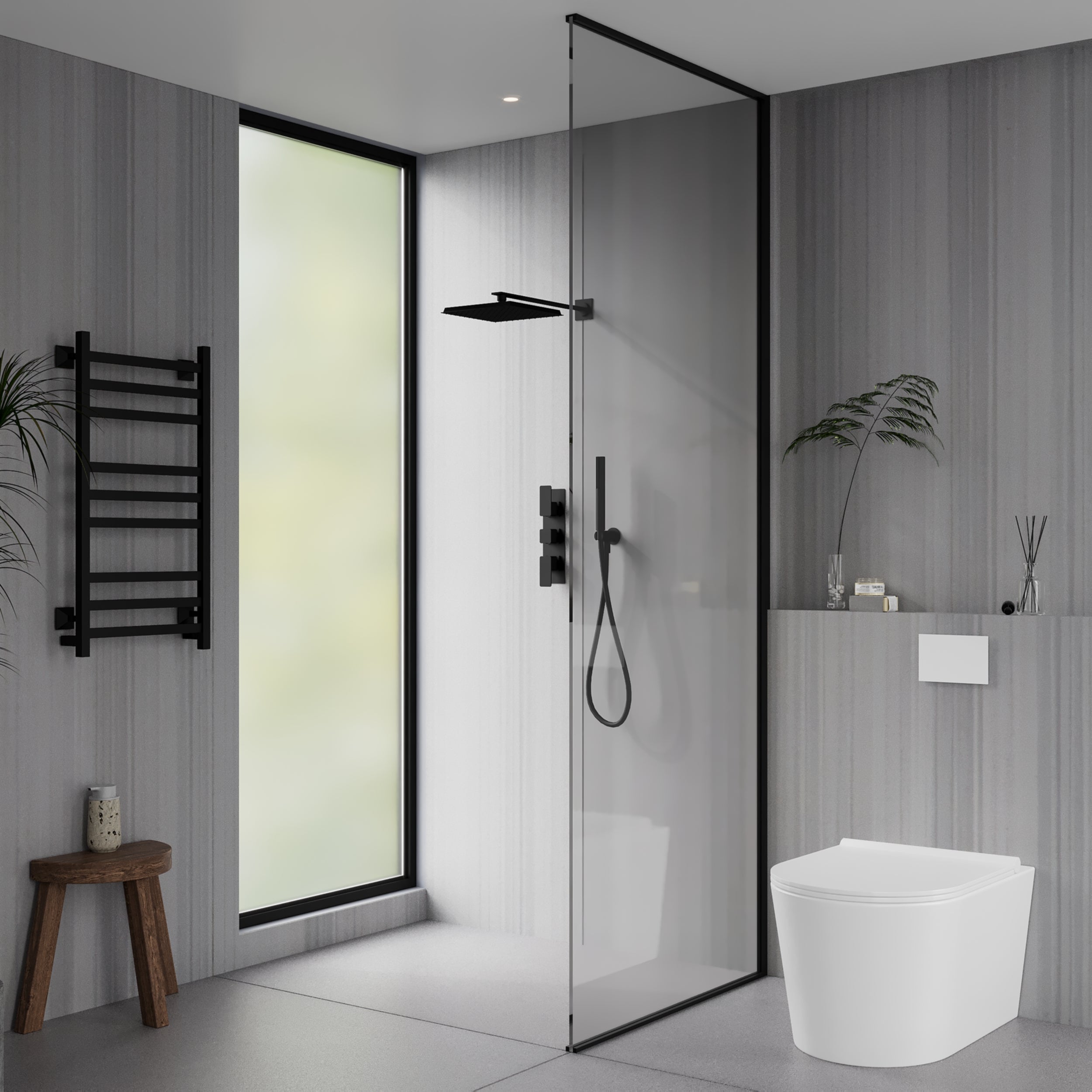 Matt stripes dark grey PVC bathroom wall panels, waterproof, grout-free, and modern shower wall design.