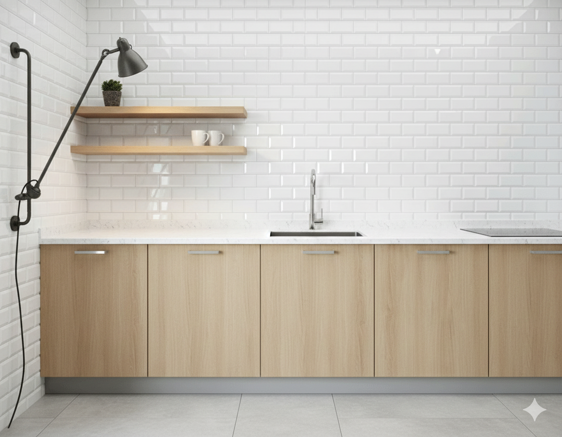 Matt white porcelain wall and floor tiles with subtle bevelled edges