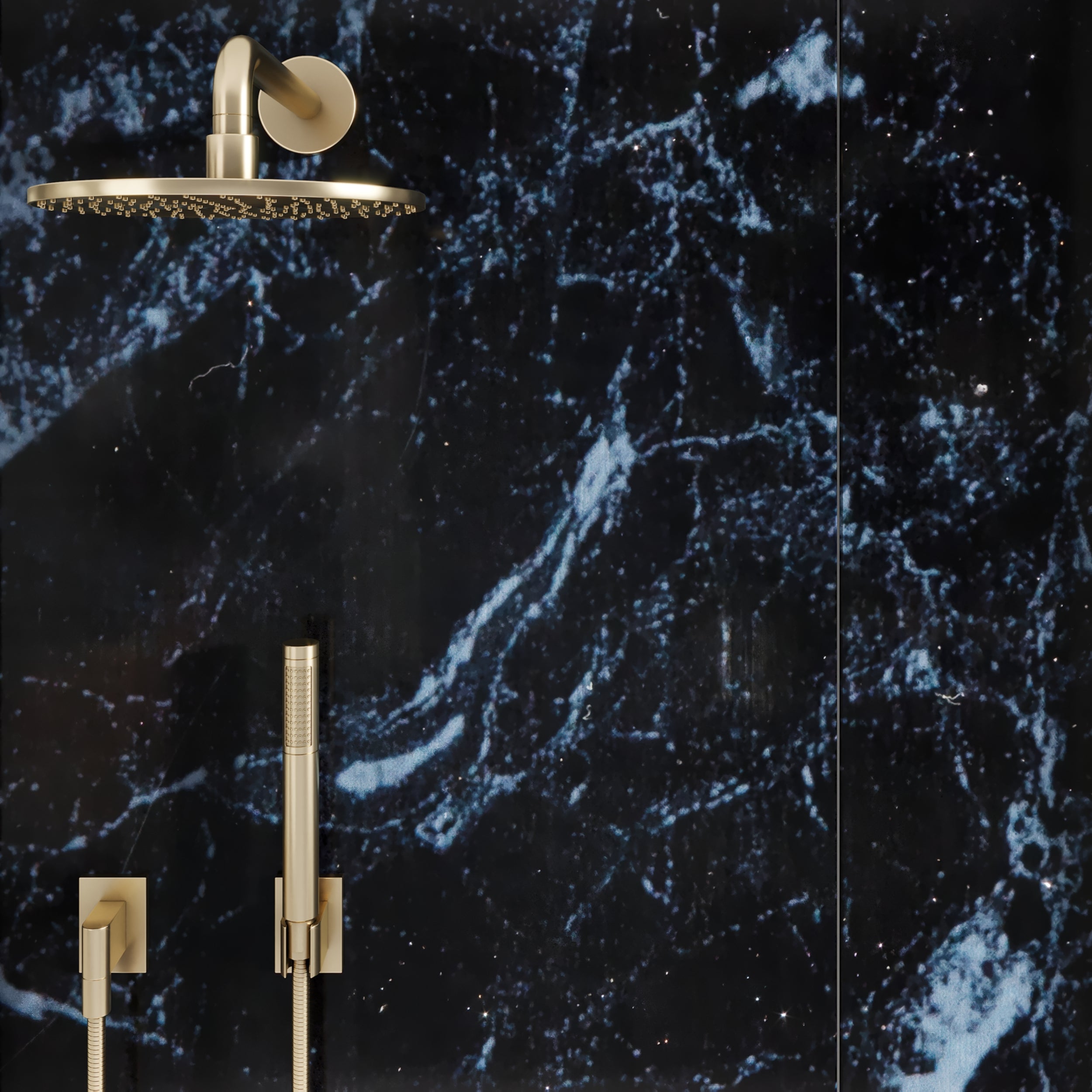 Matte black marble effect shower panels with bold waterfall veins for feature walls.