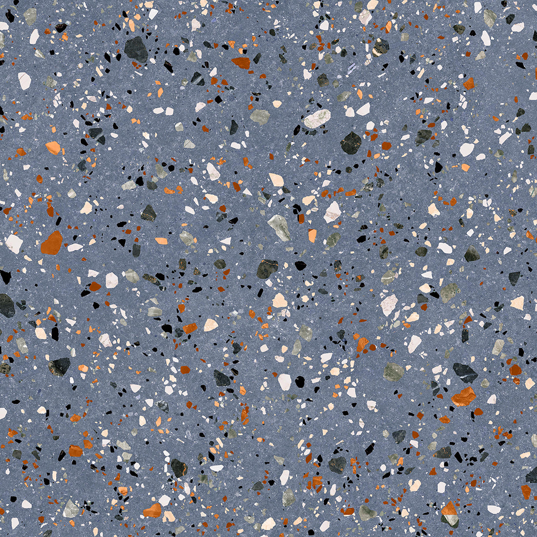 Matte finish porcelain wall and floor tiles in blue with unique multi-face terrazzo design.