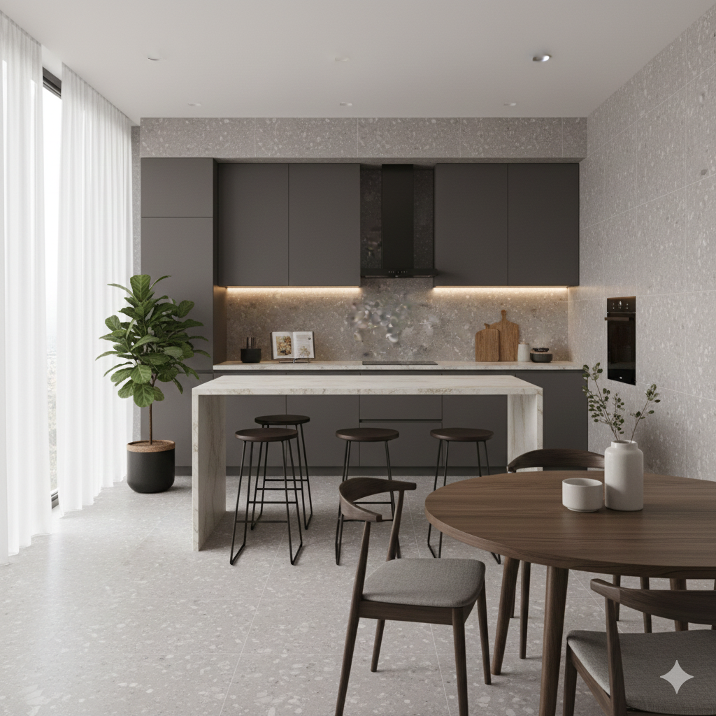 Matte finish grey ceramic wall and floor tiles for kitchens, bathrooms, and living spaces.
