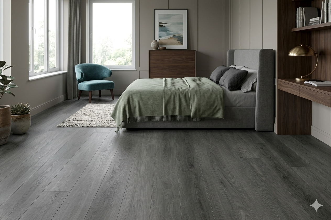 Midnight Grey LVT SPC Flooring with modern wood effect and underfloor heating compatibility for interiors