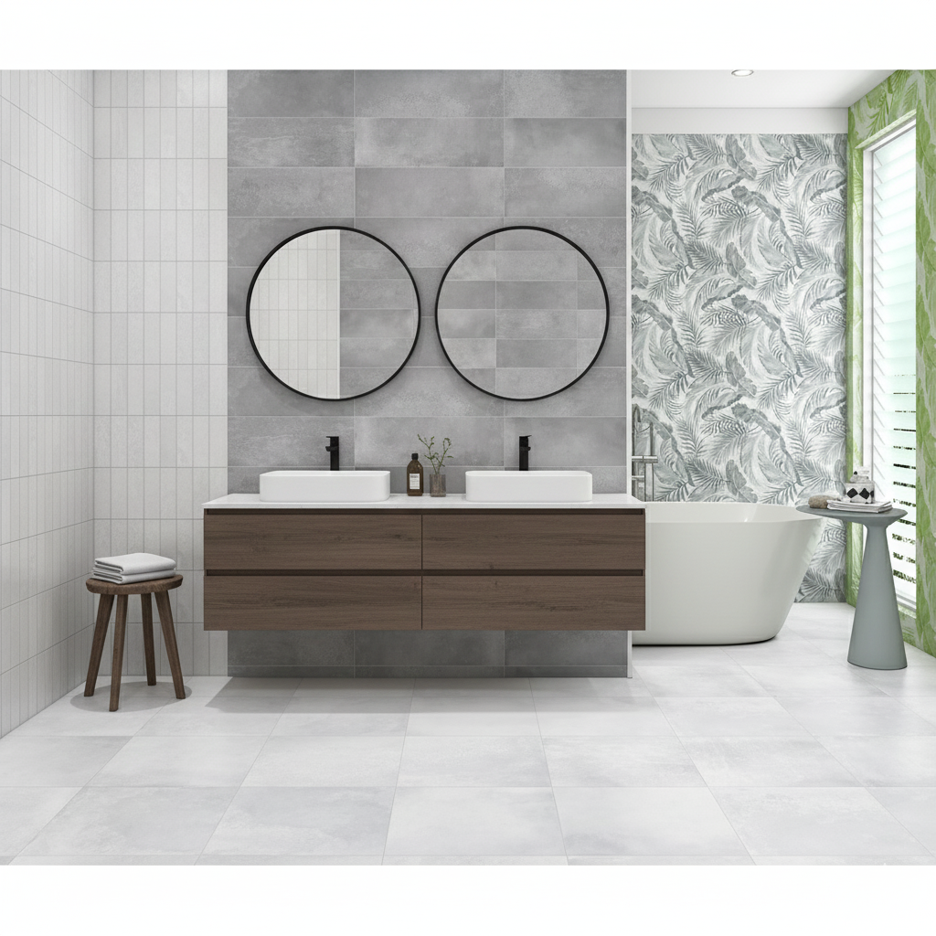 Modern matt ceramic wall and floor tiles in natural green shades with textured pattern.
