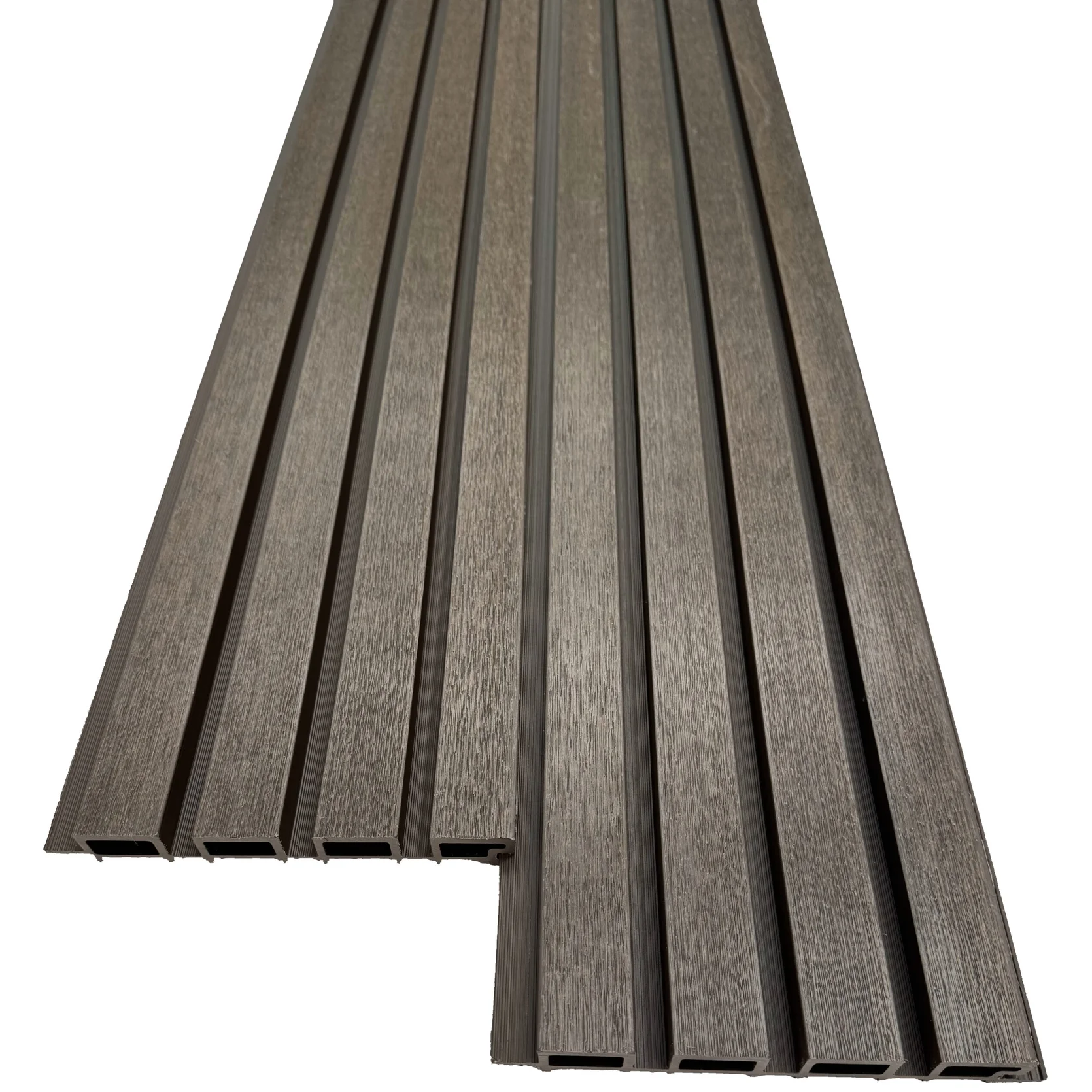 Modern walnut wood grain Acoustic Panels for outdoor feature wall design.