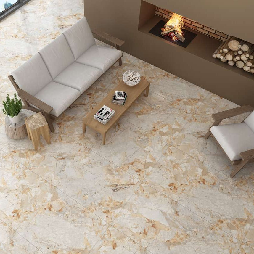 Mohak Endless warm beige Porcelain Wall And Floor Tiles with marble effect and gold veining