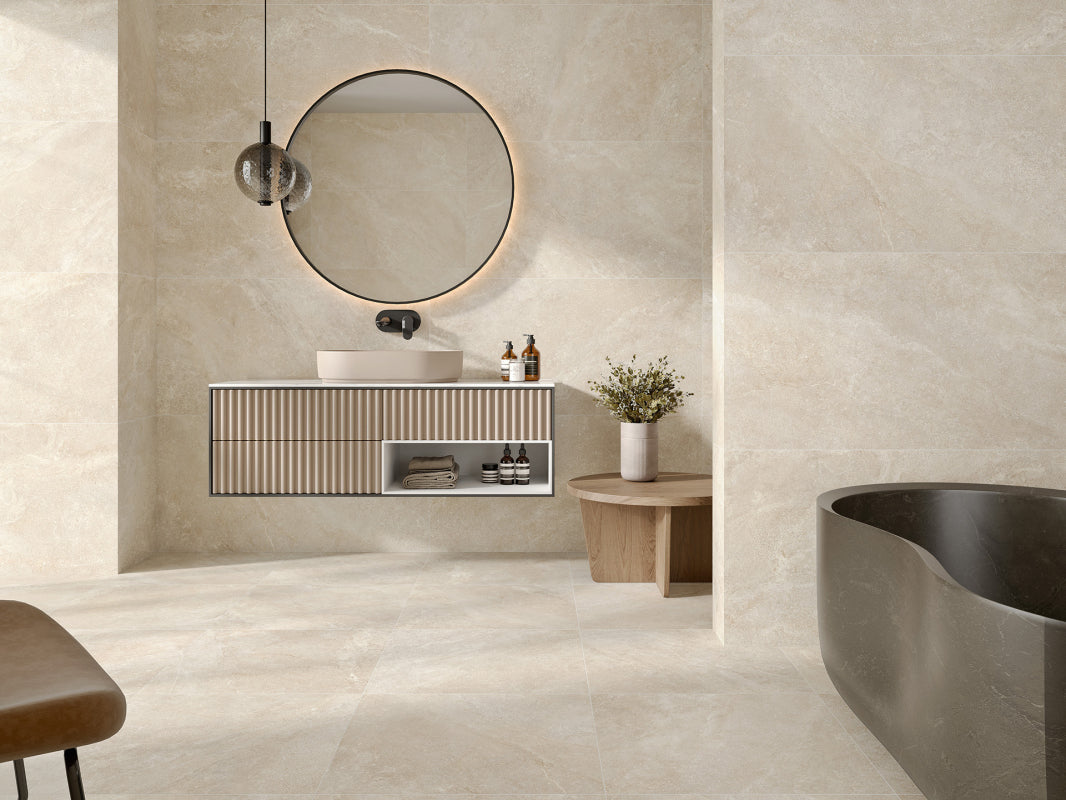 Natural stone look porcelain wall and floor tiles in Nuances Ivory matt finish.