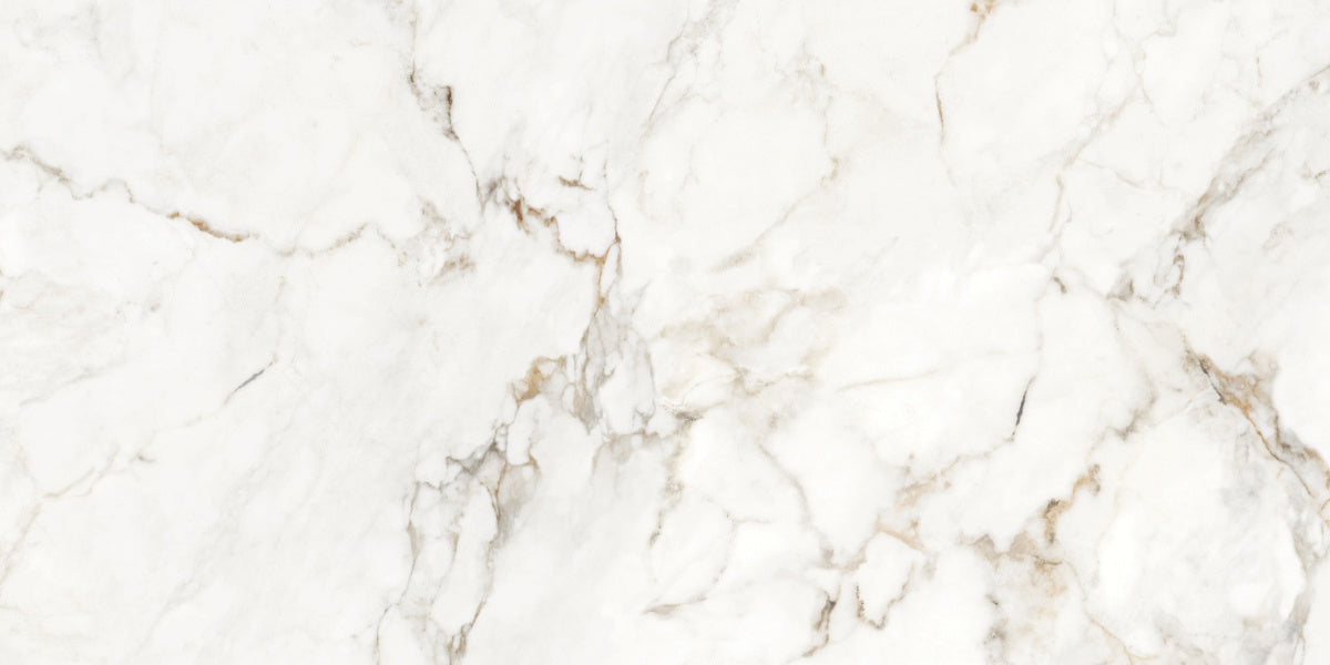 Large porcelain wall and floor tiles with gold marble finish and minimal grout lines