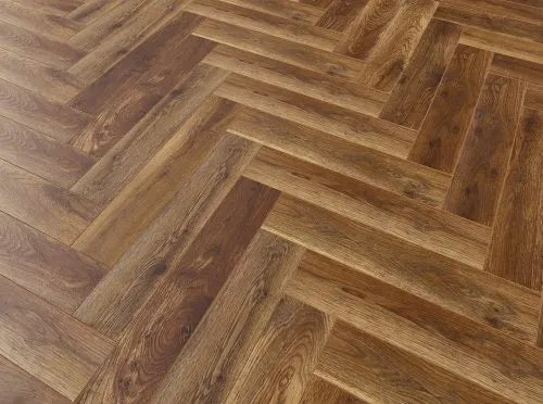 Oak effect block herringbone laminate flooring for busy homes with porcelain wall and floor tiles