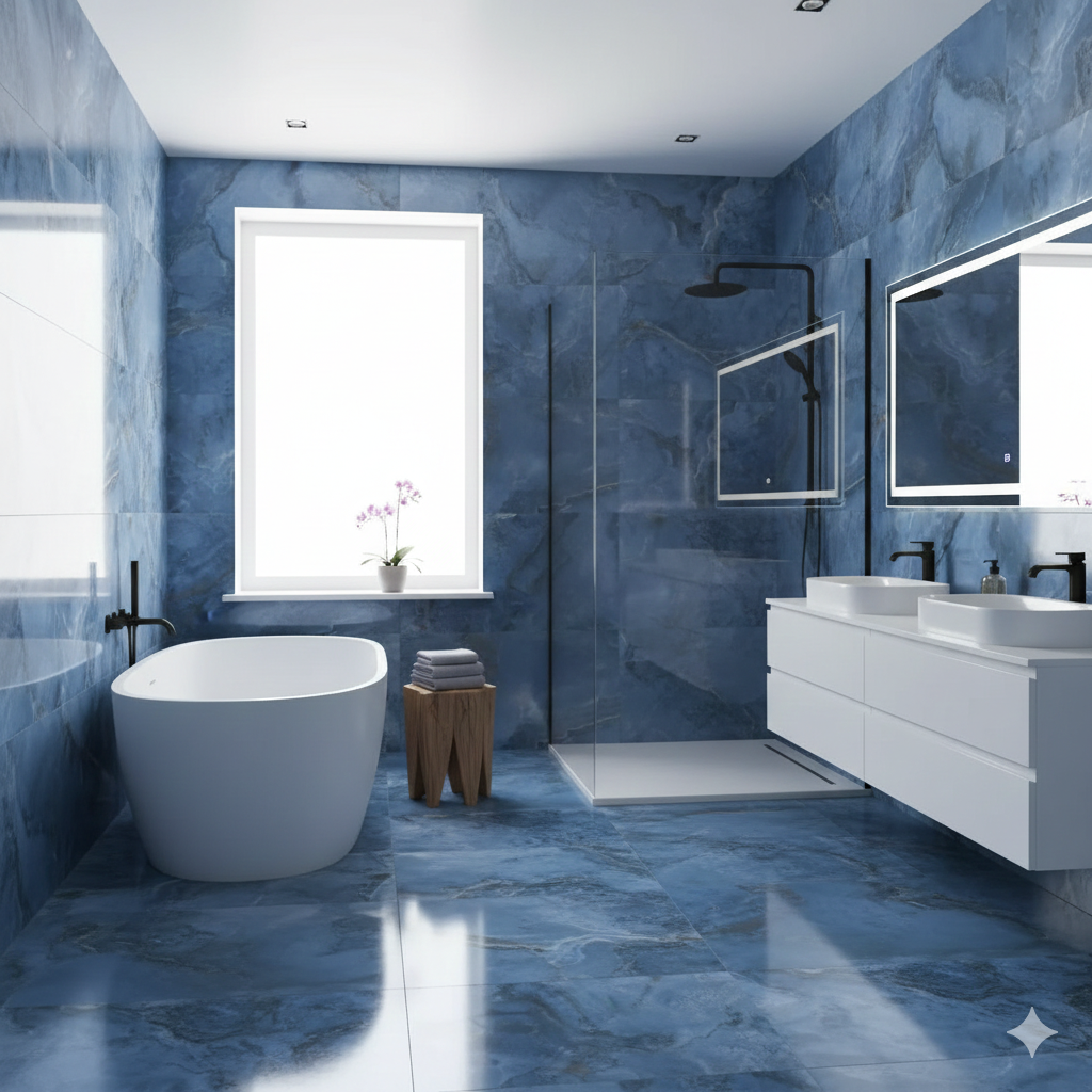 Oni Blue Polished Porcelain Wall And Floor Tiles with deep onyx marble effect and glossy finish.