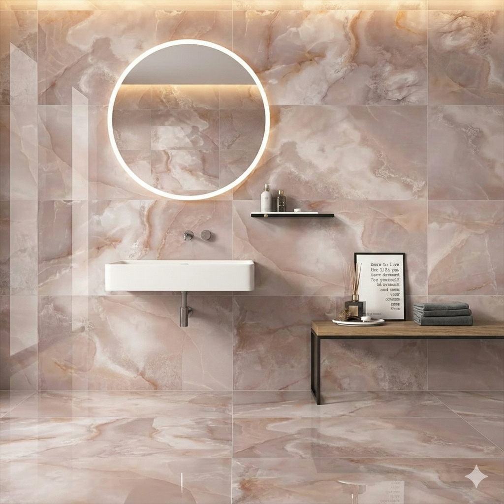 Oni Coral Polished Porcelain Wall And Floor Tiles with elegant veining and modern glossy finish.