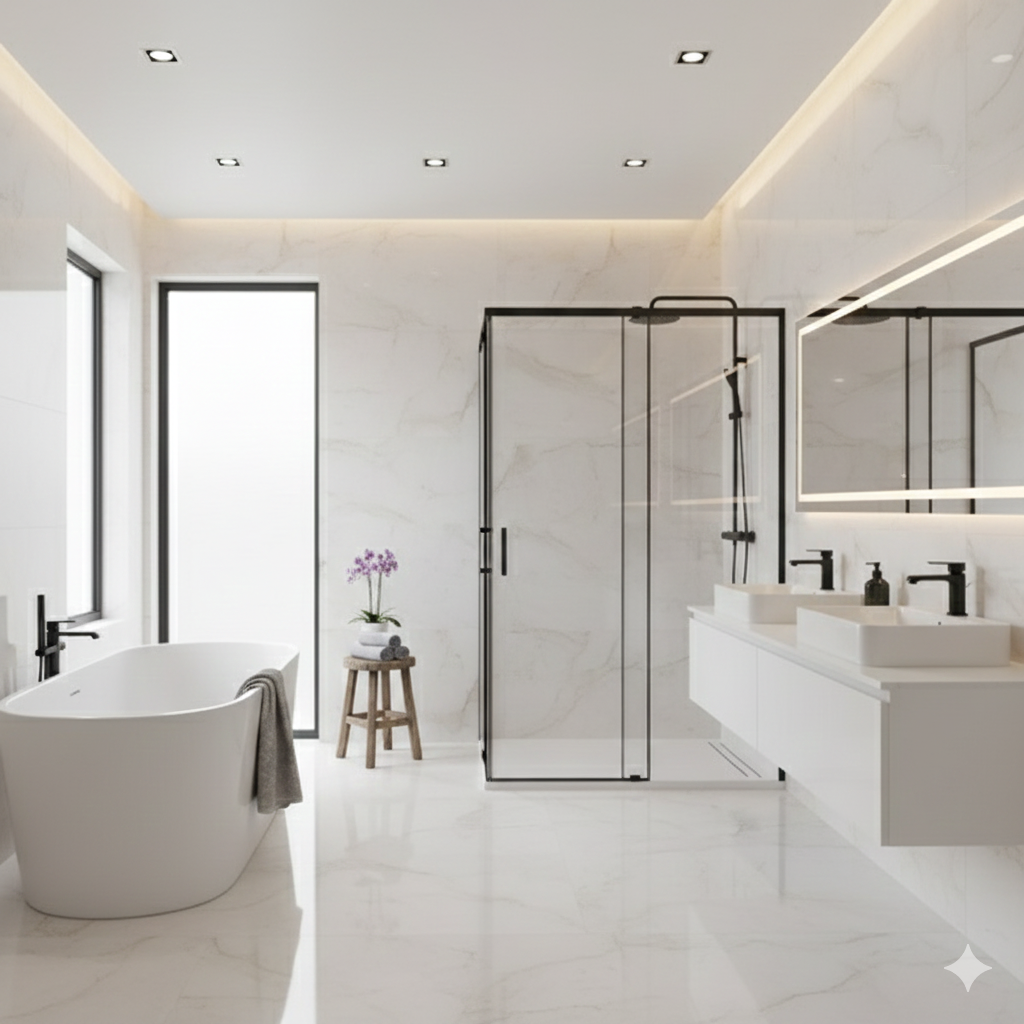 Oni White Polished Porcelain Wall And Floor Tiles with large format and luxurious onyx-style finish.