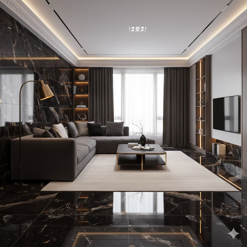 Onyx Black Opal Porcelain Wall And Floor Tiles with glossy finish and luxurious marble effect for modern interiors.