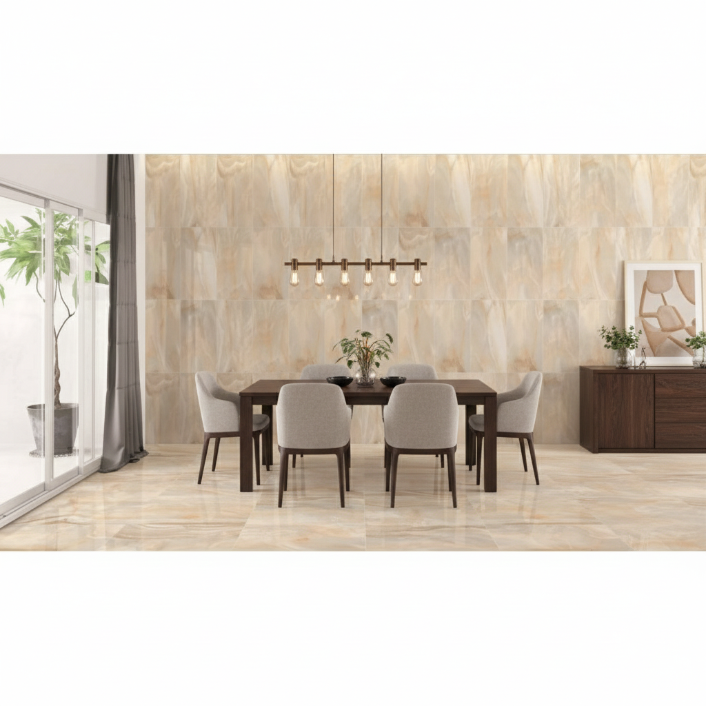 Onyx Lotus Polished Marble Effect Porcelain Wall And Floor Tiles in beige tones