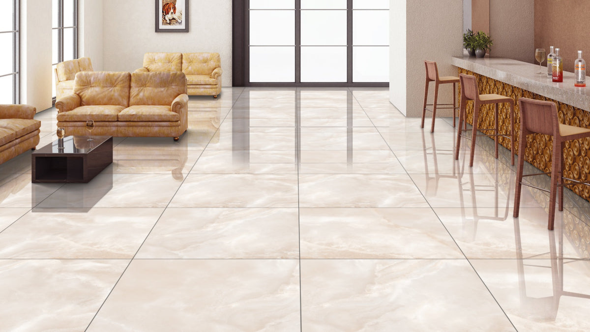 Onyx Sepia polished marble effect porcelain wall and floor tiles with glossy luxury finish.