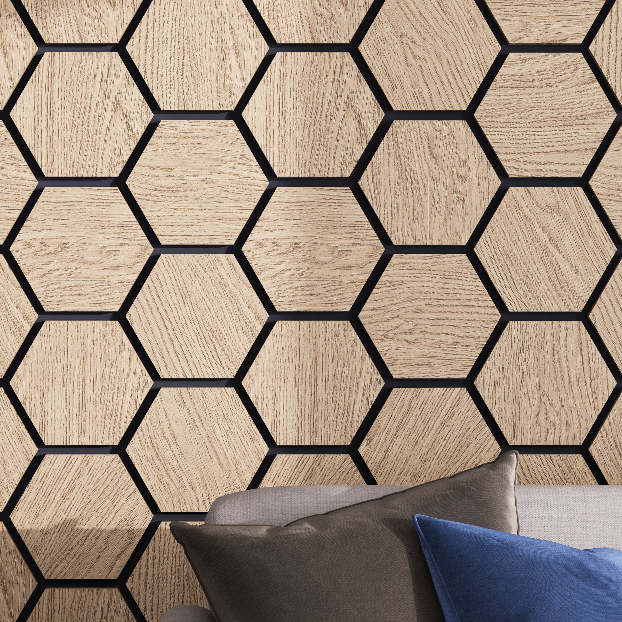 Wooden hexagon acoustic panels to reduce echo and enhance room acoustics stylishly.