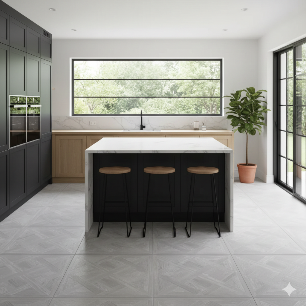 Parquet Gris Porcelain Wall And Floor Tiles in soft grey wood-effect for modern, minimalist interiors.