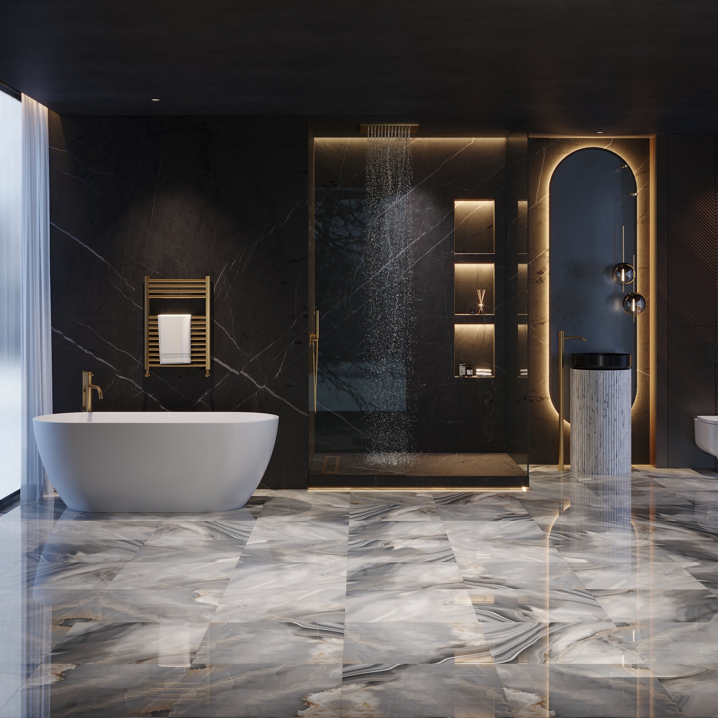 Pearl Onyx Glossy Marble Effect Porcelain Tiles for bright, elegant floors and walls in modern homes.