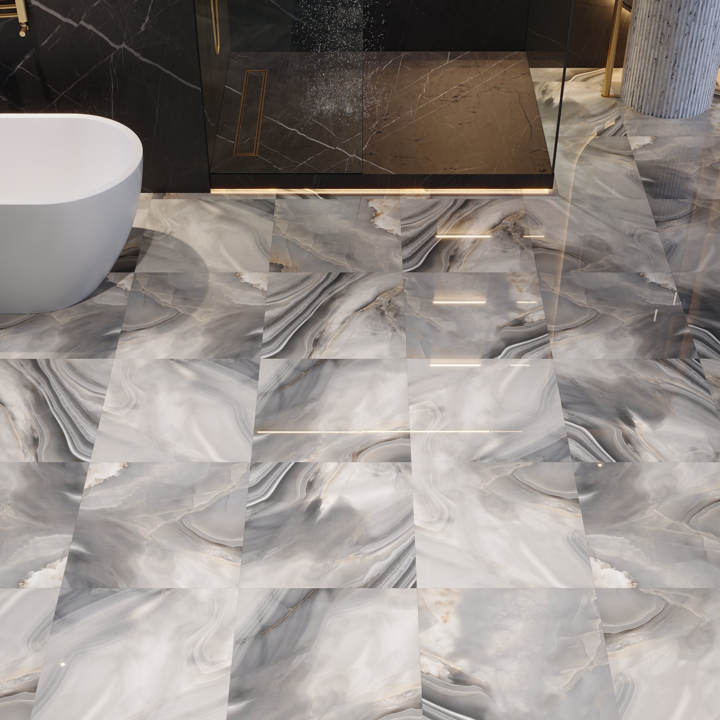 Large format Pearl Onyx Gloss Tiles for contemporary bathrooms, kitchens, and open-plan living spaces.