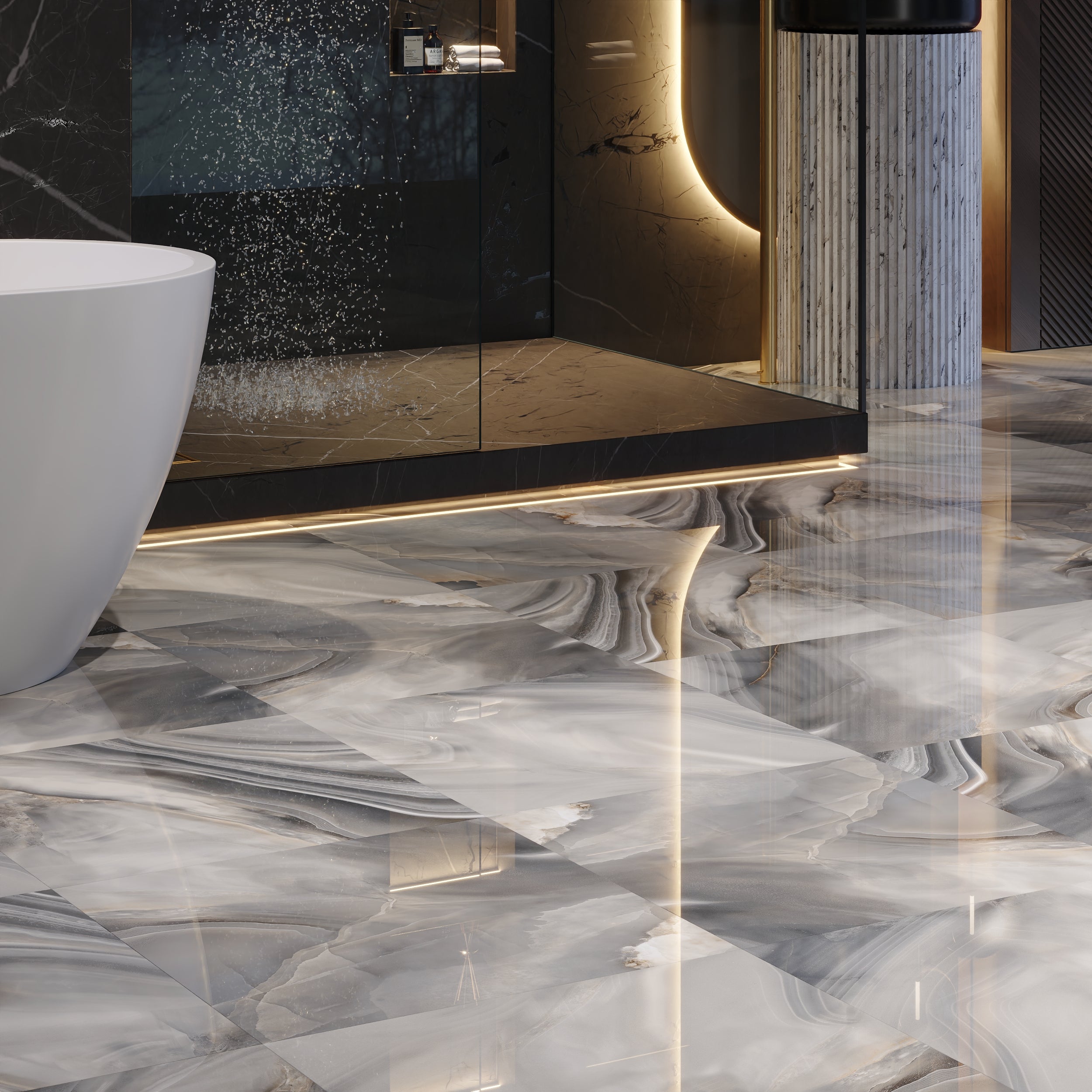 Glossy Pearl Onyx Porcelain Wall And Floor Tiles with natural onyx-inspired veining and luxury finish.
