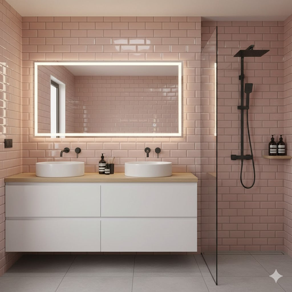 Gloss pink bevelled porcelain wall and floor tiles with modern metro style