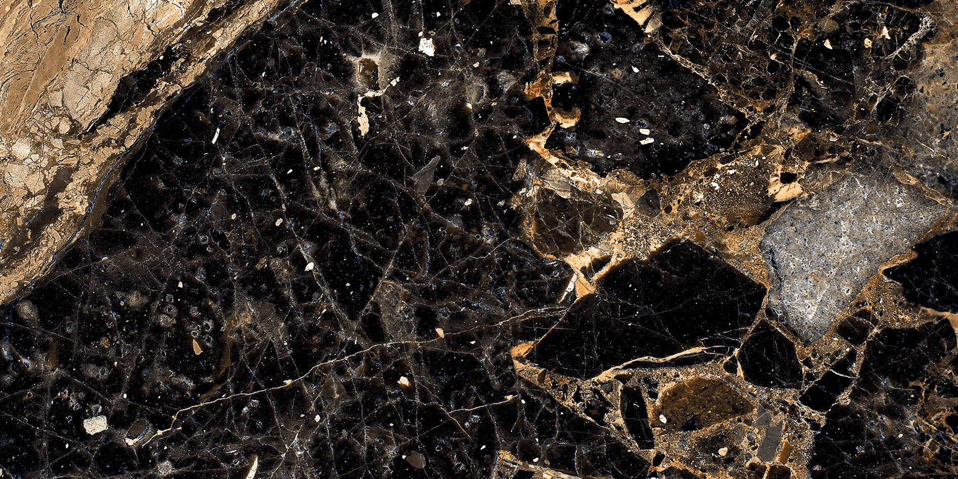 Polished porcelain tiles with gold and black veining for elegant and spacious interiors