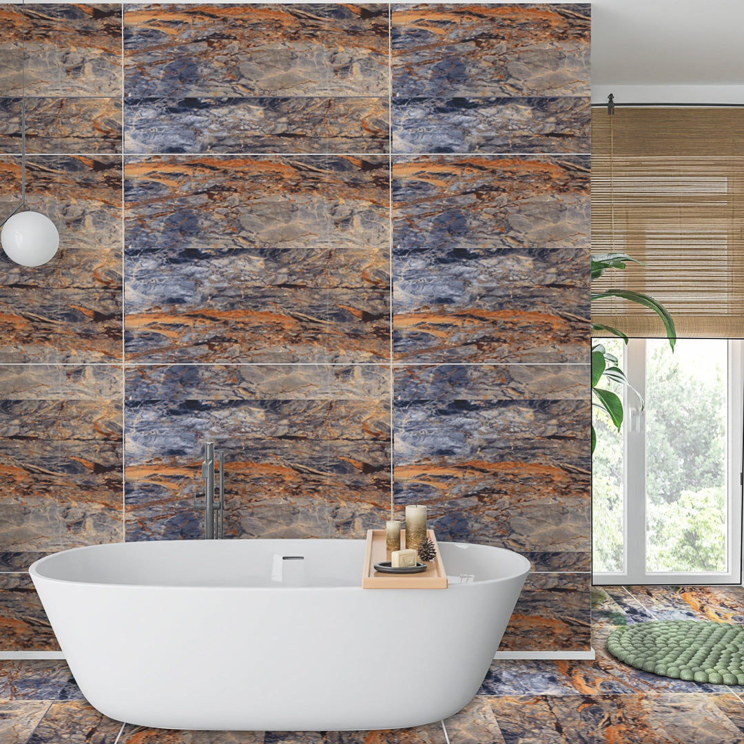 Ponzio Azul Golden Swirl Blue Porcelain Wall And Floor Tiles with glossy luxurious finish.