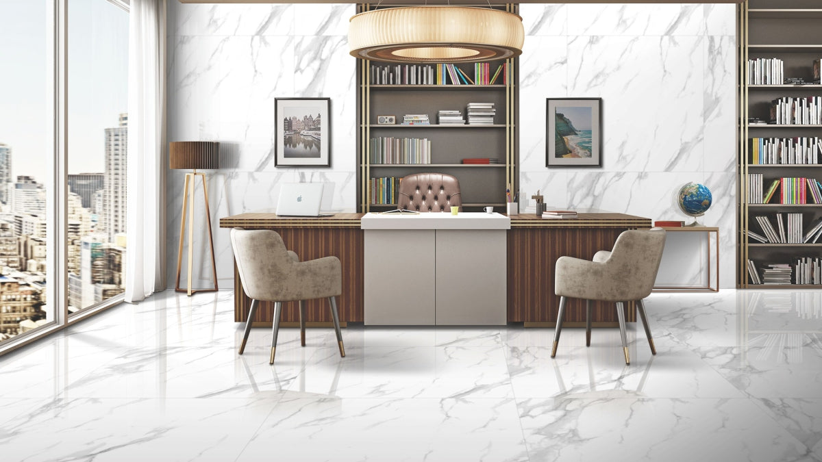 Porcelain Wall And Floor Tiles Statuario Crystal polished white marble effect tiles for luxurious interiors.