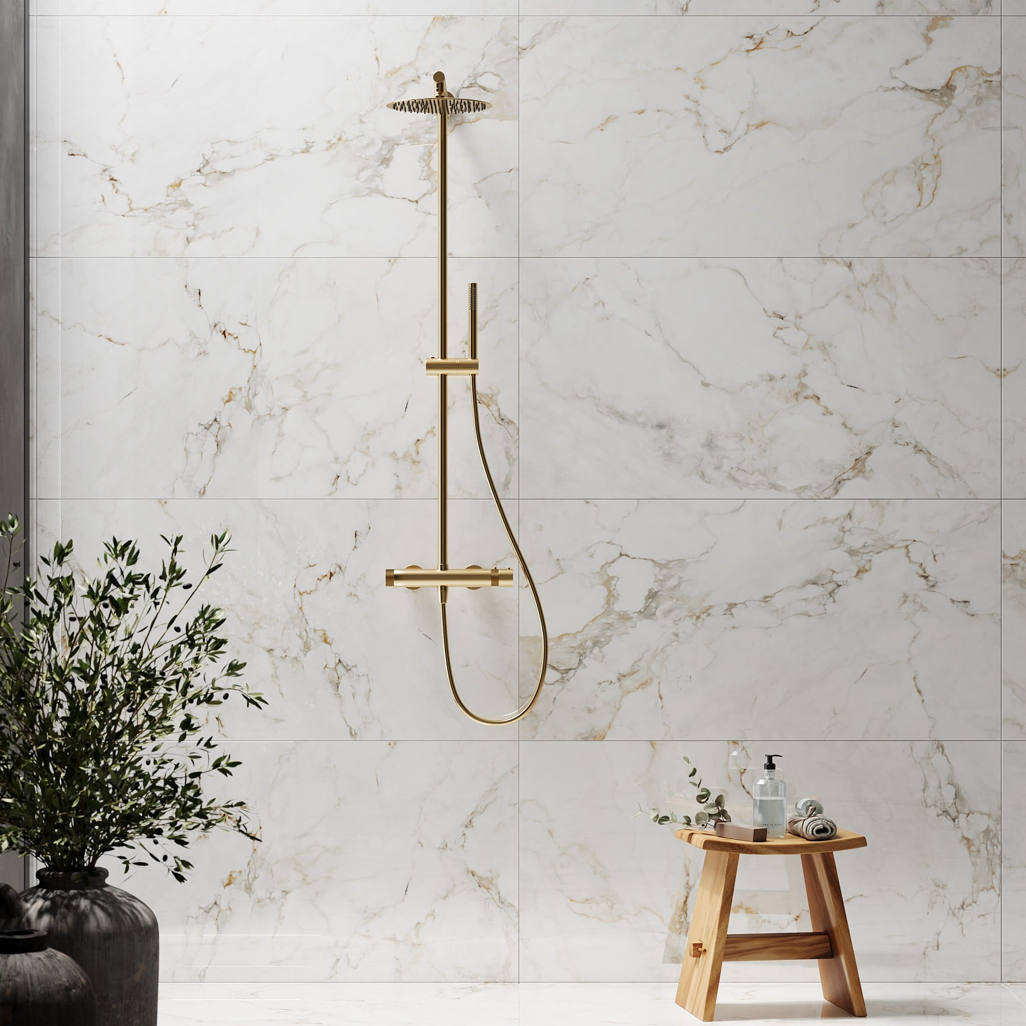 Porcelain wall and floor tiles with gold marble effect and glossy finish for stylish modern homes