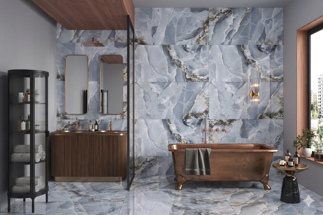 Porcelain wall and floor tiles with high glossy stone effect finish for modern luxury interiors
