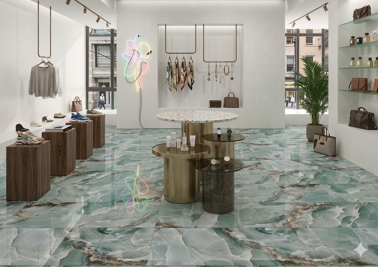 Porcelain wall and floor tiles with aqua marble effect glossy finish for modern luxury interiors