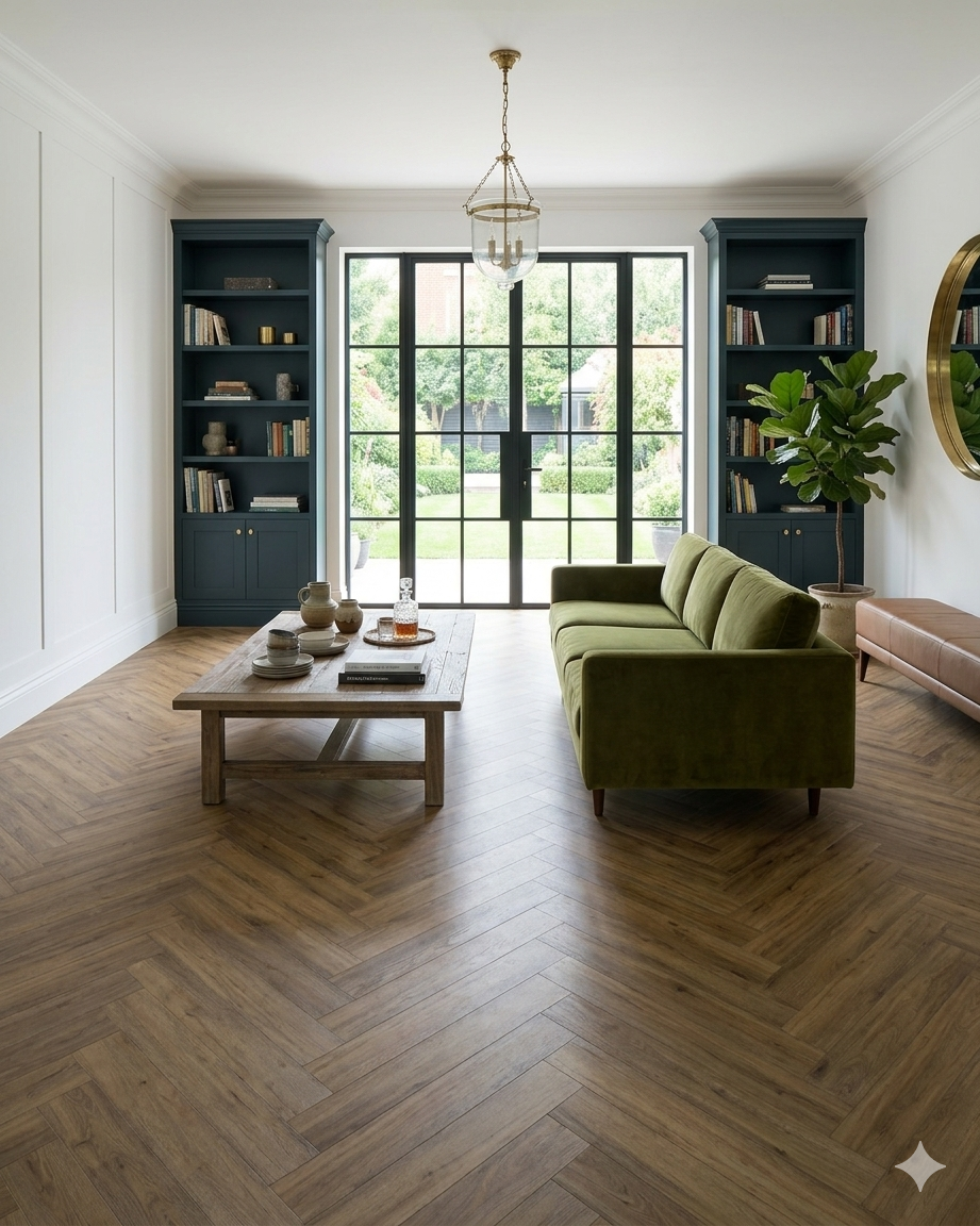 Premium Antique Oak click lock LVT SPC Flooring in classic herringbone pattern for stylish interiors