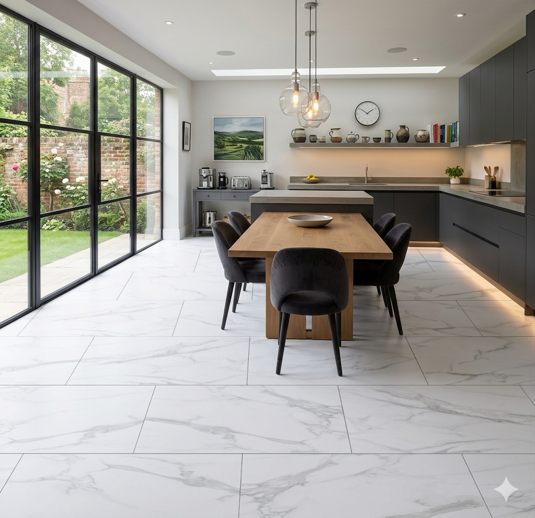 Premium Carrara White Marble click SPC Flooring with matt finish and realistic marble appearance