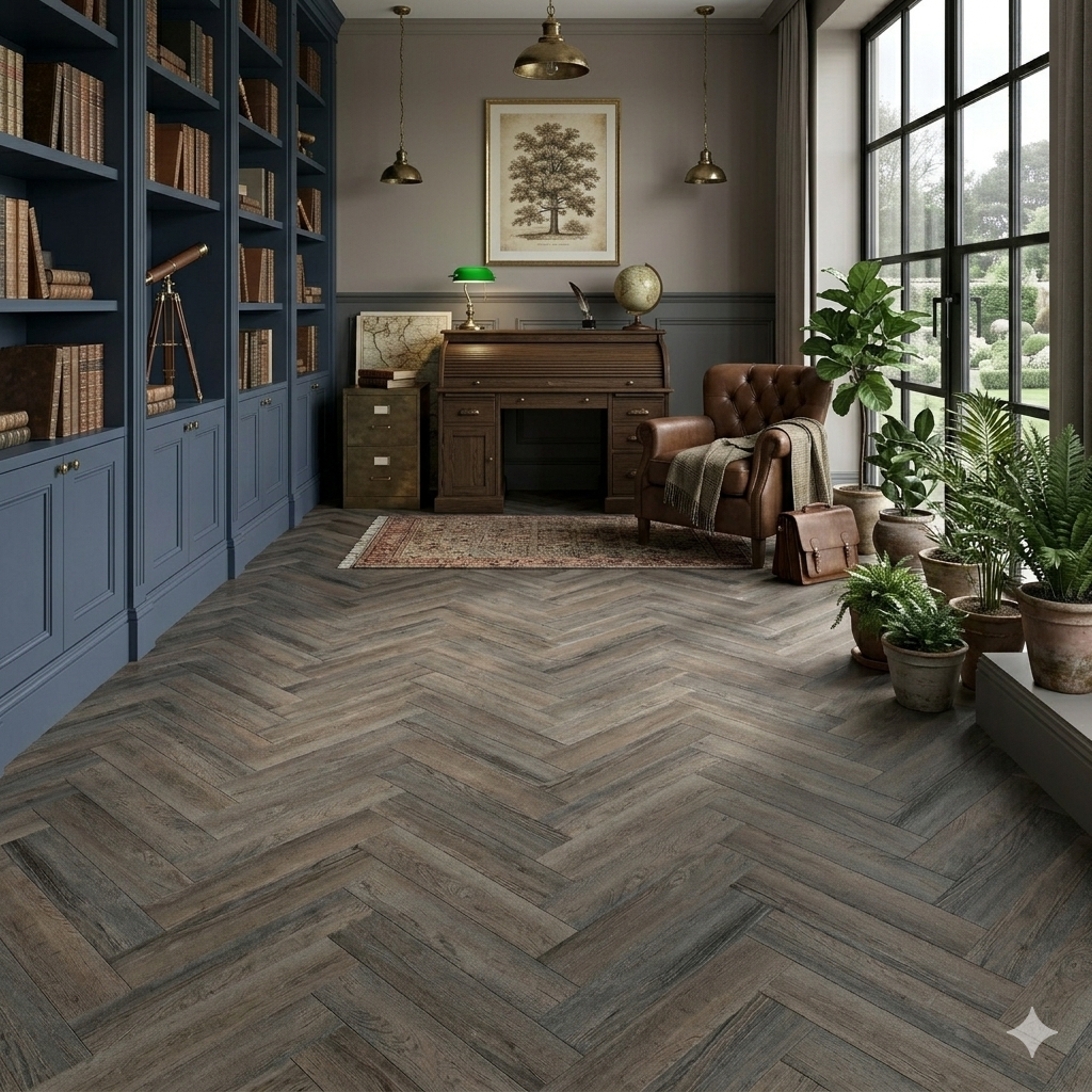 Premium Dark Mahogany Brown click LVT SPC Flooring in classic herringbone pattern for elegant interiors