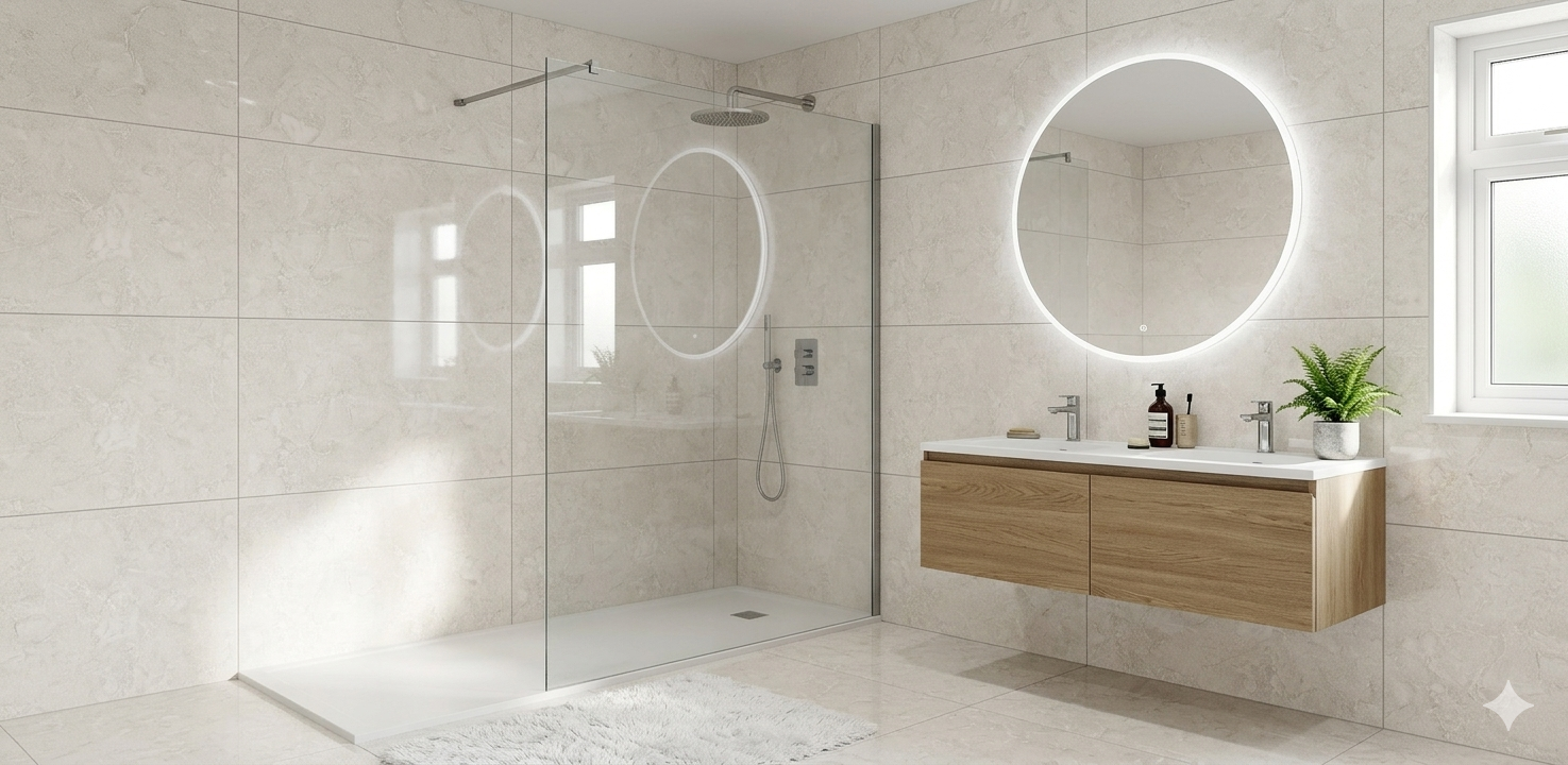 Premium glossy white porcelain wall and floor tiles reflecting light for a spacious luxury look.