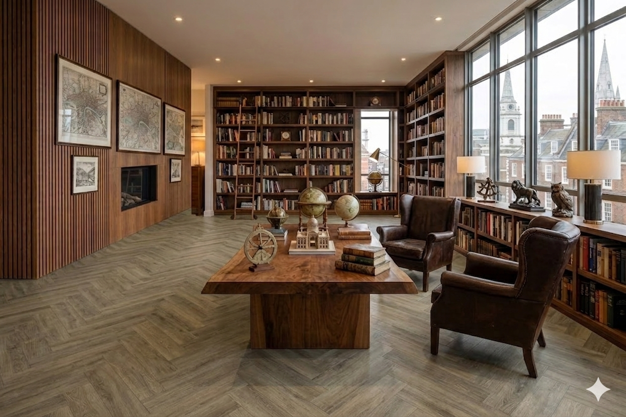 Premium Golden Honey Oak click LVT SPC Flooring in classic herringbone pattern for modern interiors