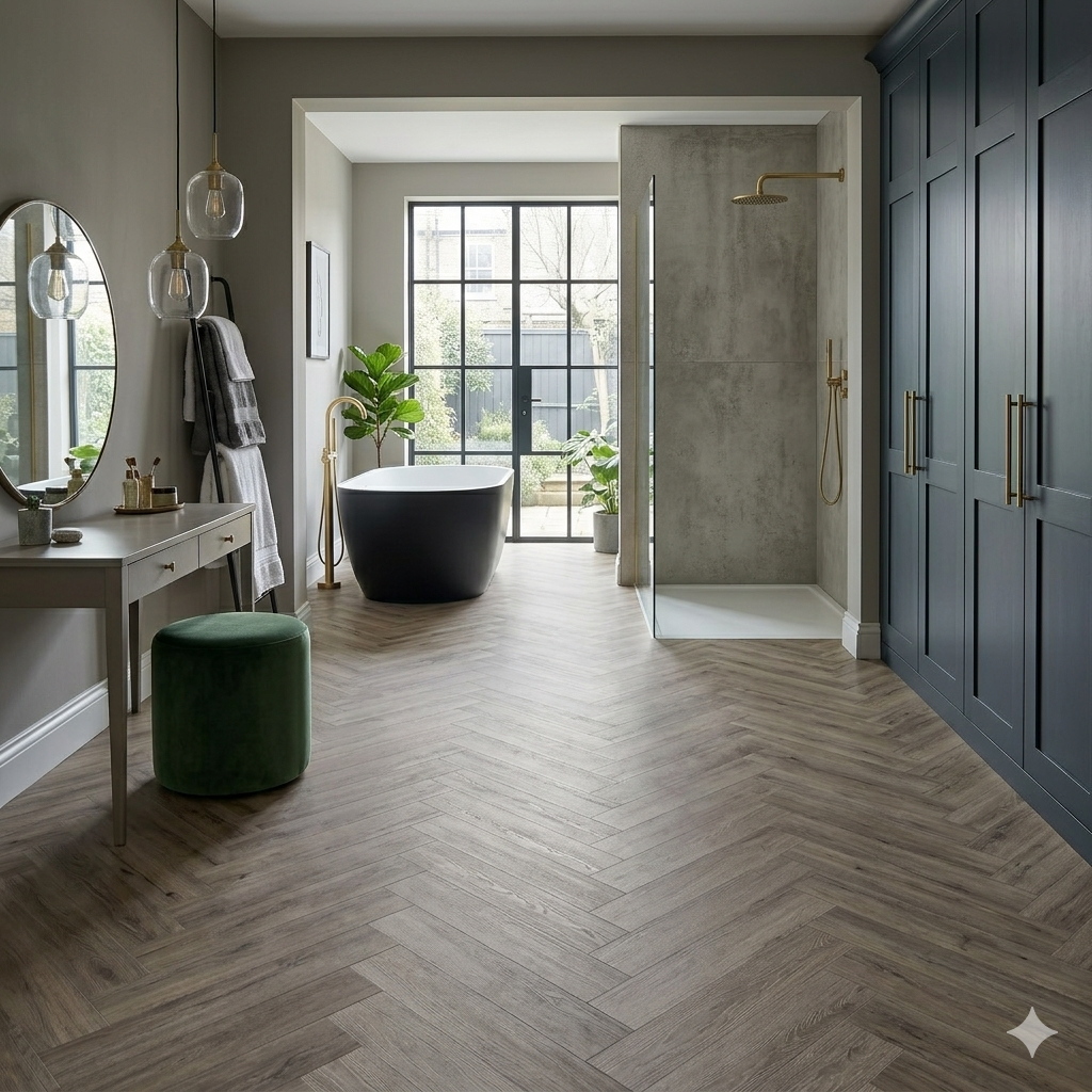 Premium grey wood LVT SPC Flooring with click lock herringbone plank finish.