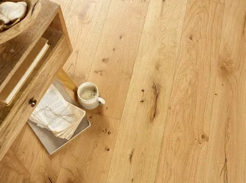 Premium lacquered oak flooring with brushed surface enhancing texture and natural beauty.