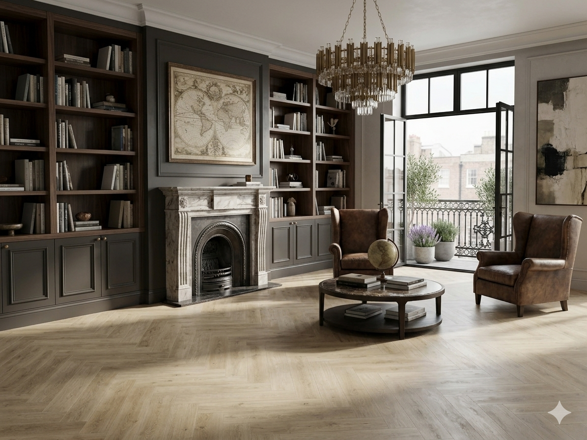 Premium Panama Beige click LVT SPC Flooring in elegant herringbone pattern for modern interiors