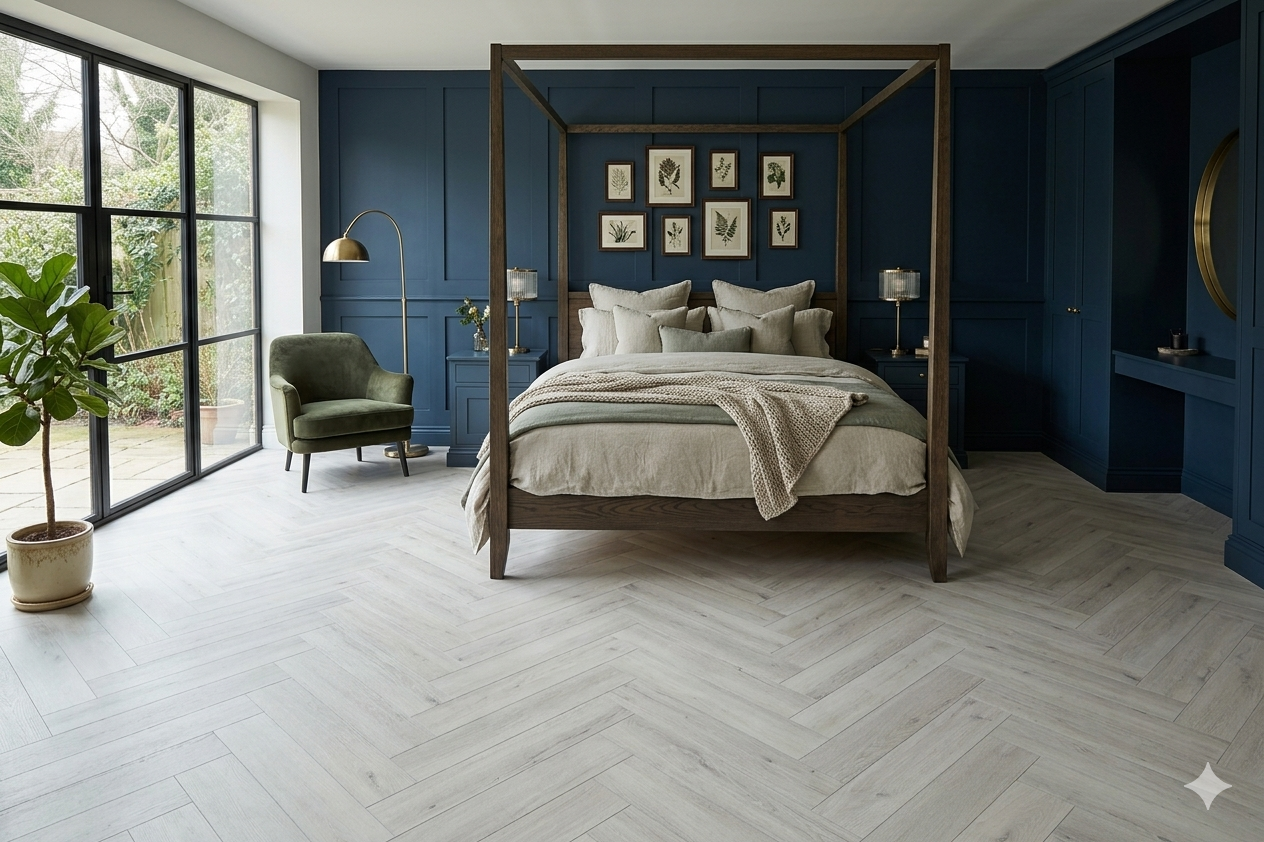 Premium white wood LVT SPC Flooring with click lock herringbone plank design.