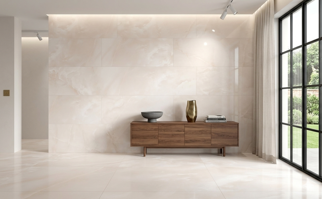 Premium white stone effect LVT SPC Flooring style tiles with elegant onyx movement for modern interiors