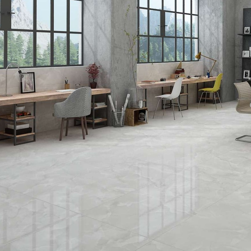Prizoma Onyx Silver Satin Porcelain Wall And Floor Tiles with subtle onyx veining and soft silver tone.
