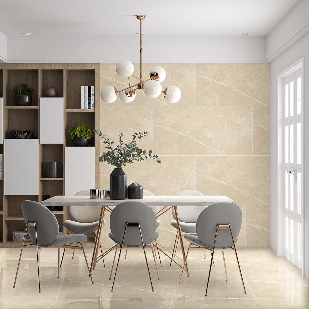 Rebel Beige Earthy Porcelain Wall And Floor Tiles with smooth glossy finish for modern interiors.
