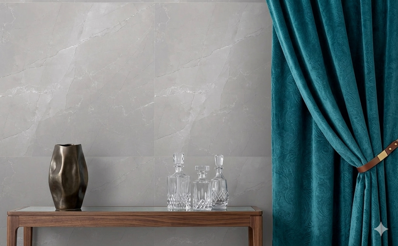 Rectified porcelain wall and floor tiles featuring a grey marble effect for seamless room designs.
