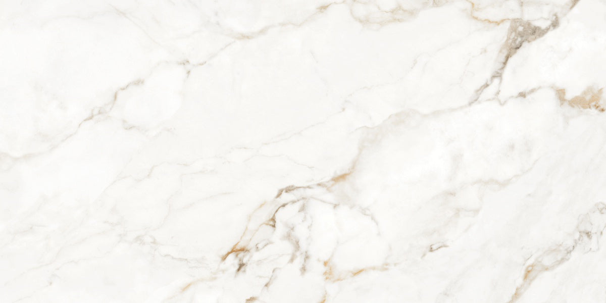 Rectified porcelain wall and floor tiles with glossy marble effect and seamless appearance