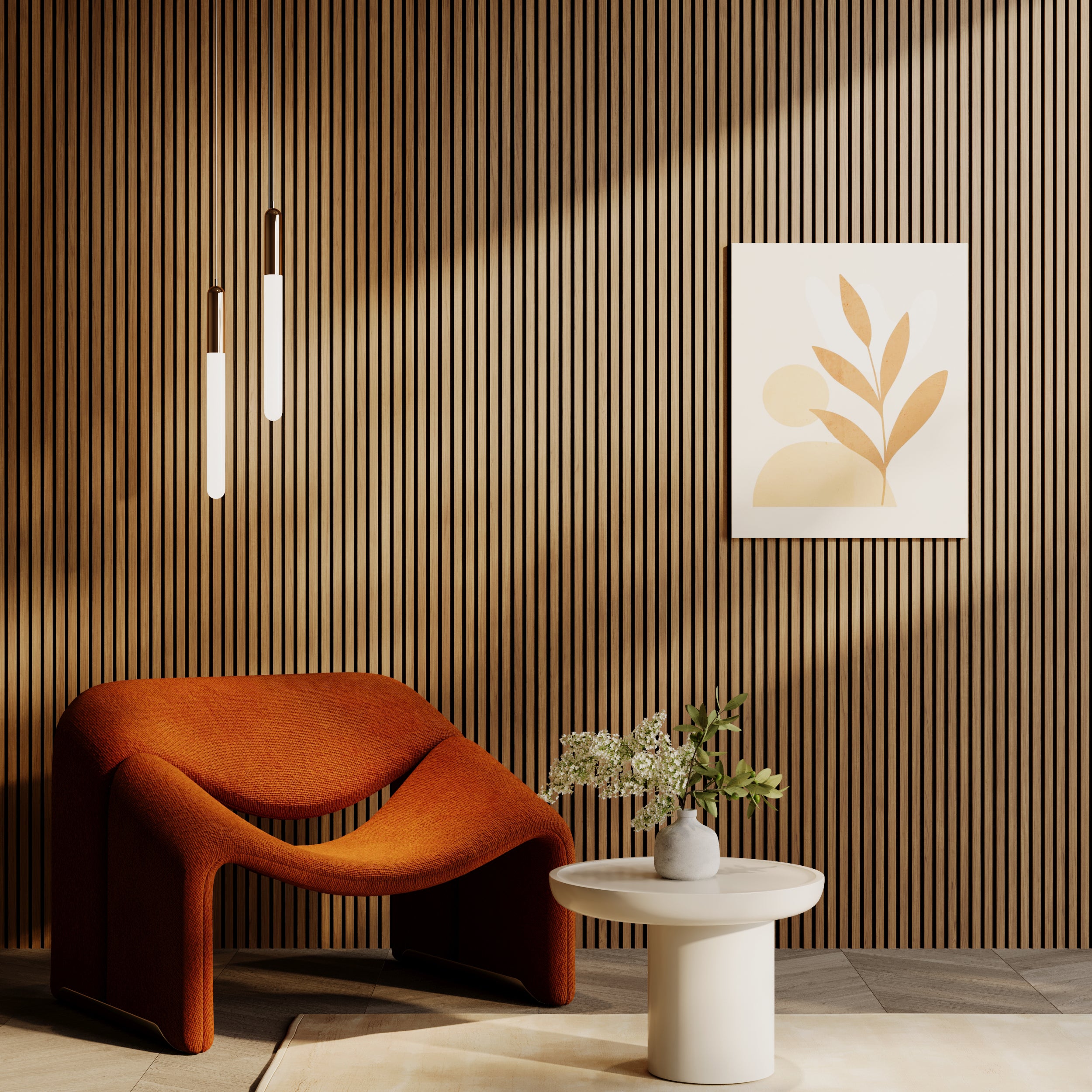 Rose oak sound absorbing acoustic wall panels for elegant, quiet modern interiors.